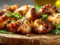 Délicieux poulpe grillé, tendre et savoureux, garni d'herbes fraîches sur une planche en bois. Un plat qui invite à la dégustation.