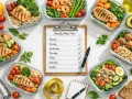 Un planificateur de repas hebdomadaire avec des contenants de repas sains et faciles : saumon, crevettes, poulet, boulettes de viande, salade.