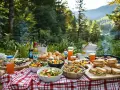 Un festin en plein air : salades, sandwichs, fruits et boissons sur une table de pique-nique. Une belle idée repas camping pour profiter de la nature.
