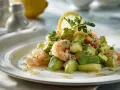 Salade avocat crevette fraîchement préparée, garnie d'une tranche de citron et de persil.