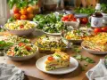 Des plats variés prêts à être dégustés, parfaits pour une idée batch cooking réussie. Lasagnes, pâtes et salades composent ce festin.