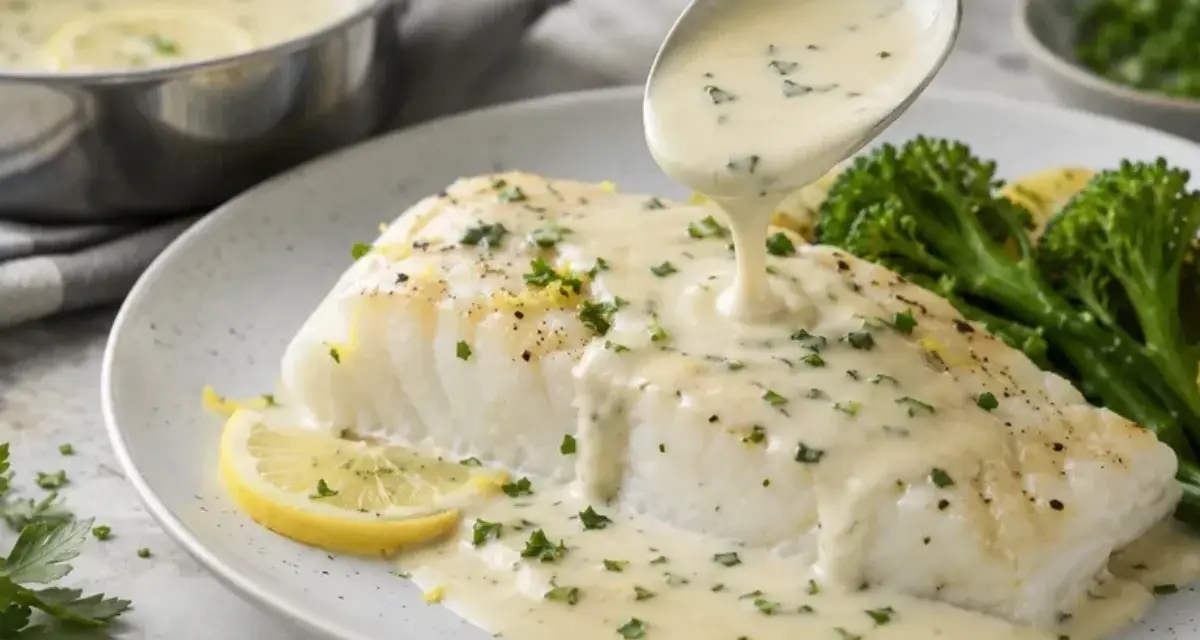 Un filet de poisson blanc nappé d'une onctueuse sauce blanche au citron et aux herbes, accompagné de brocolis.