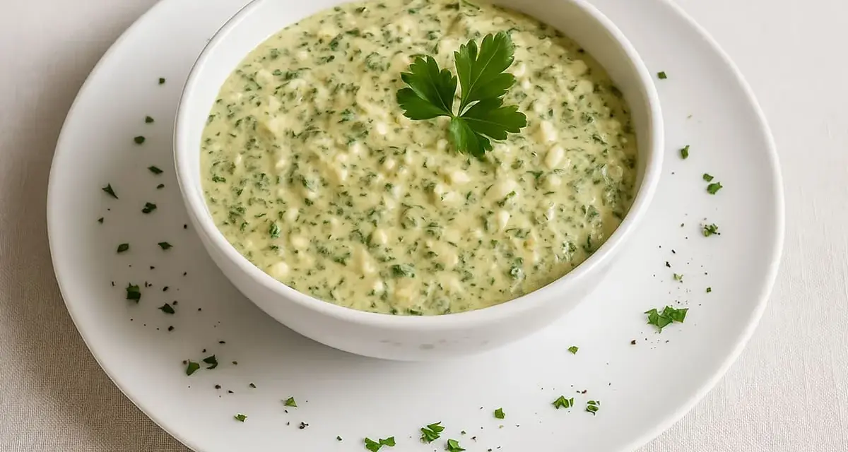 Un bol de sauce gribiche crémeuse, parsemée de persil frais et de petits morceaux d'œuf dur, garni d'une feuille de persil.