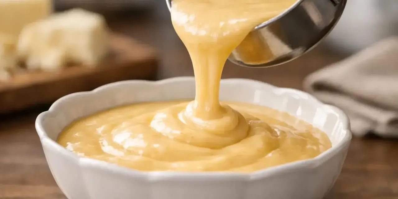 Une louche verse une sauce fromagère onctueuse dans un bol blanc. Des blocs de fromage sont flous en arrière-plan.