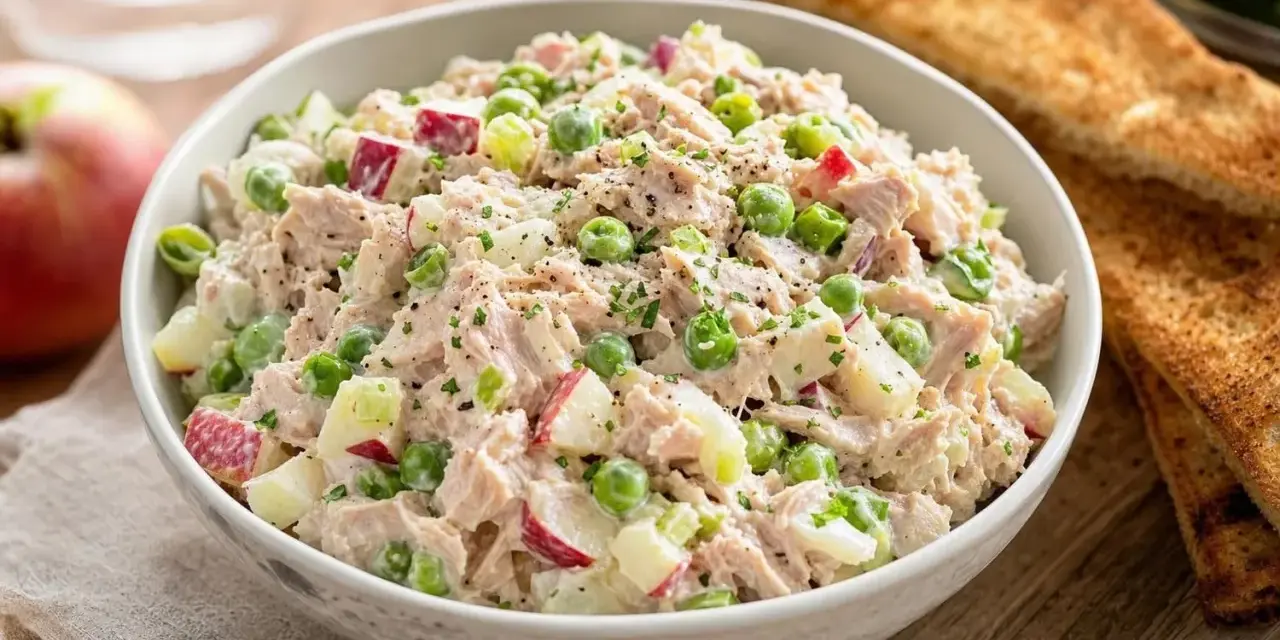 Salade de thon crémeuse avec des morceaux de pomme rouge, des petits pois et du céleri, garnie d'herbes fraîches et de poivre noir.