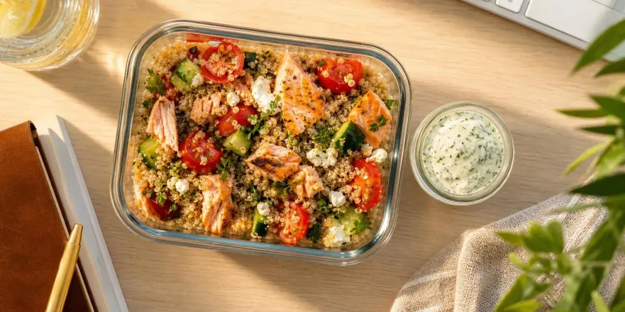 Salade de quinoa avec saumon grillé, tomates, concombre et feta, parfaite pour un repas lunch sain. Sauce crémeuse à l'aneth à côté.