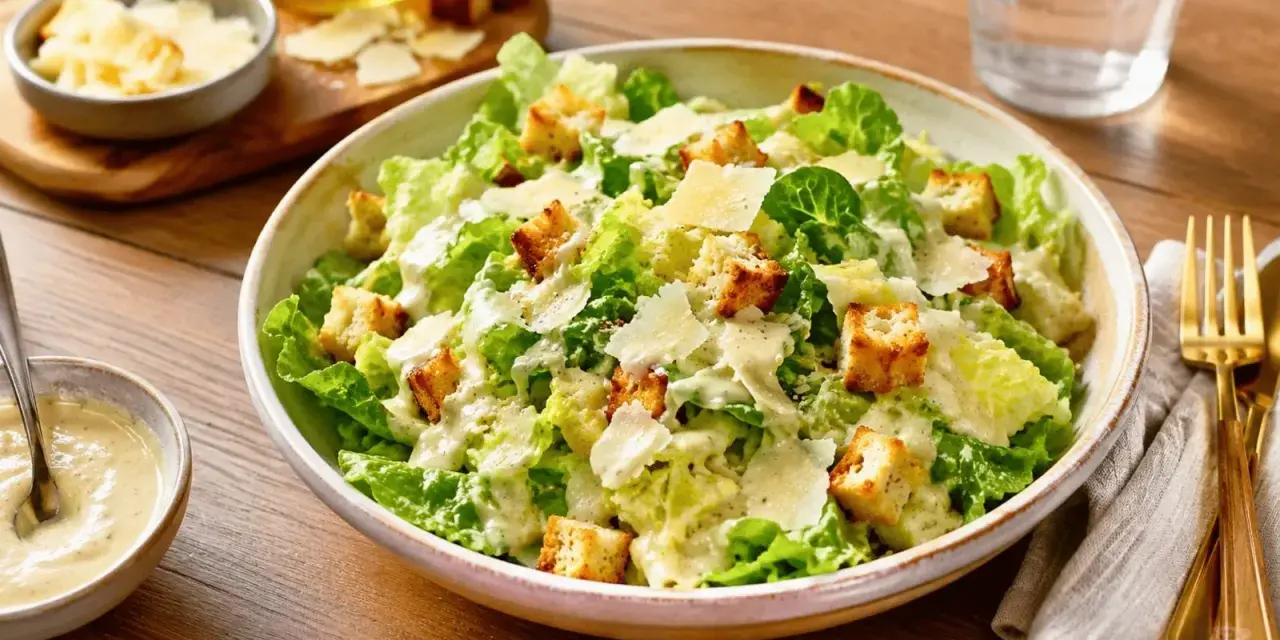 Une généreuse salade César fraîchement préparée, garnie de croûtons dorés et de copeaux de parmesan.