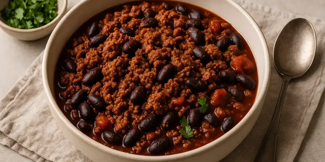 Un bol de chili con carne, une recette réconfortante avec viande hachée et haricots noirs, garni de persil frais.