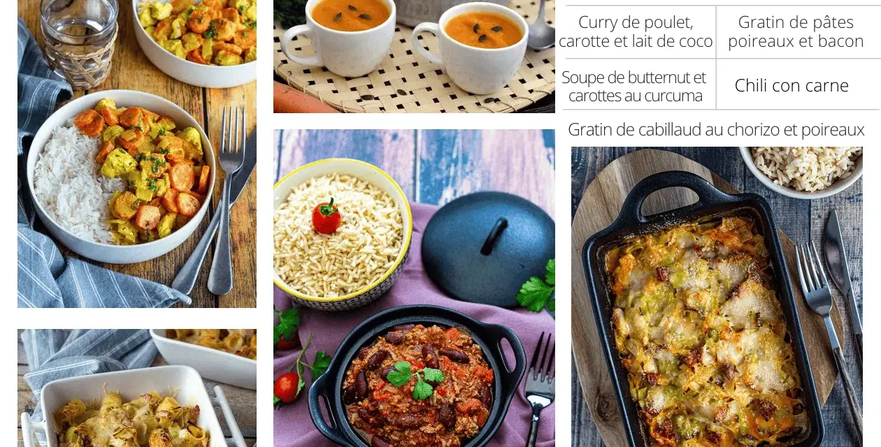 Idées de batch cooking sans gluten : curry, soupe, chili et gratins. Parfait pour un automne gourmand et sain.