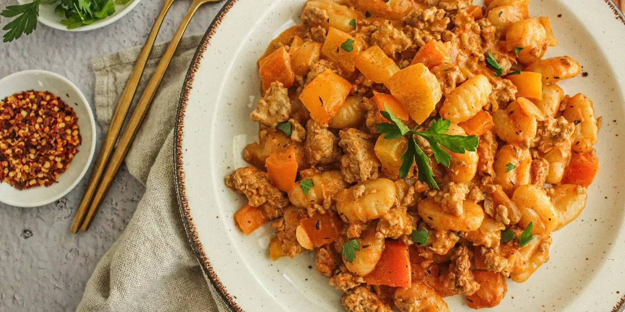 Délicieux sauté boeuf haché asiatique avec des gnocchis et des morceaux de carottes, garni de persil frais.