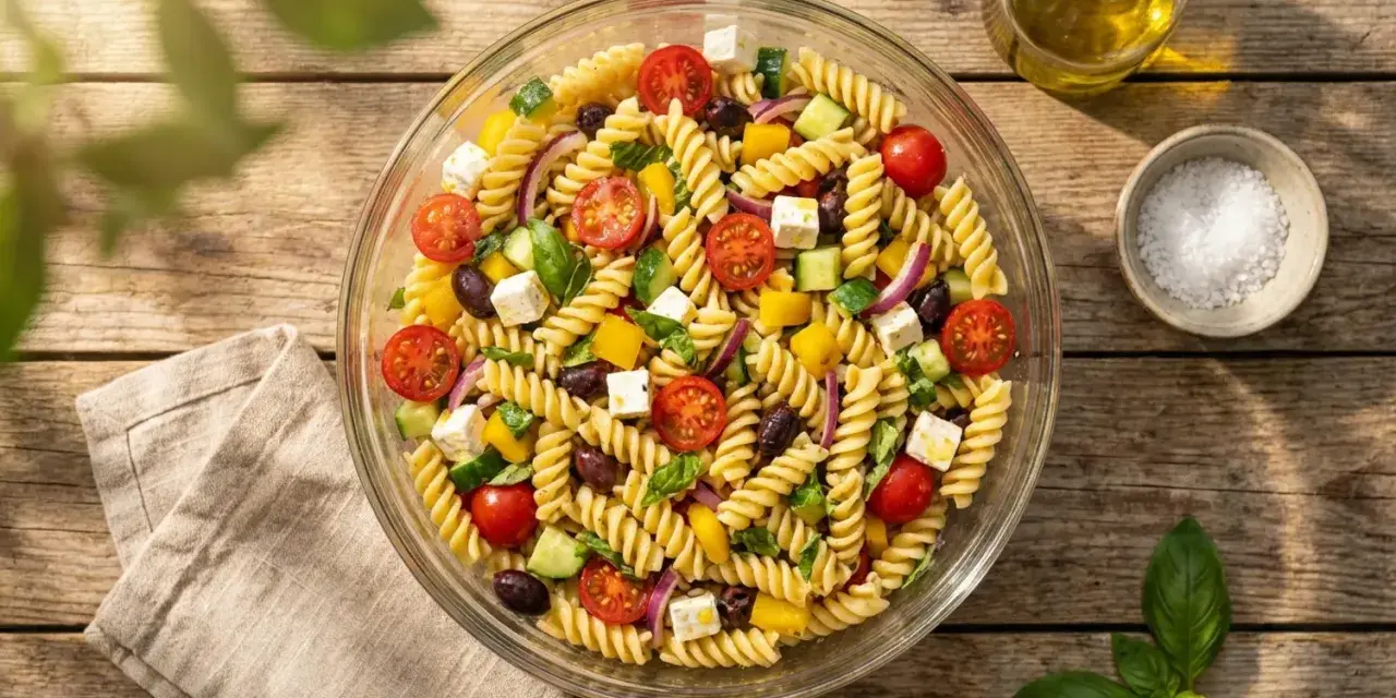 Salade de pâtes colorée avec tomates cerises, concombre, olives, poivrons jaunes et feta. Un plat frais et estival.
