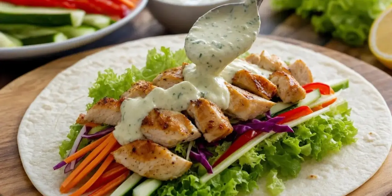 Sauce crémeuse versée sur un wrap garni de poulet grillé, laitue, carottes, concombre et chou rouge. Parfait pour une recette sauce wrap facile.
