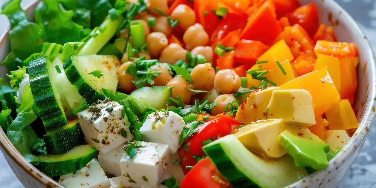 Un bol coloré de salade fraîche avec pois chiches, concombre, tomates, poivrons, avocat et feta. Parfait pour savoir que manger froid.