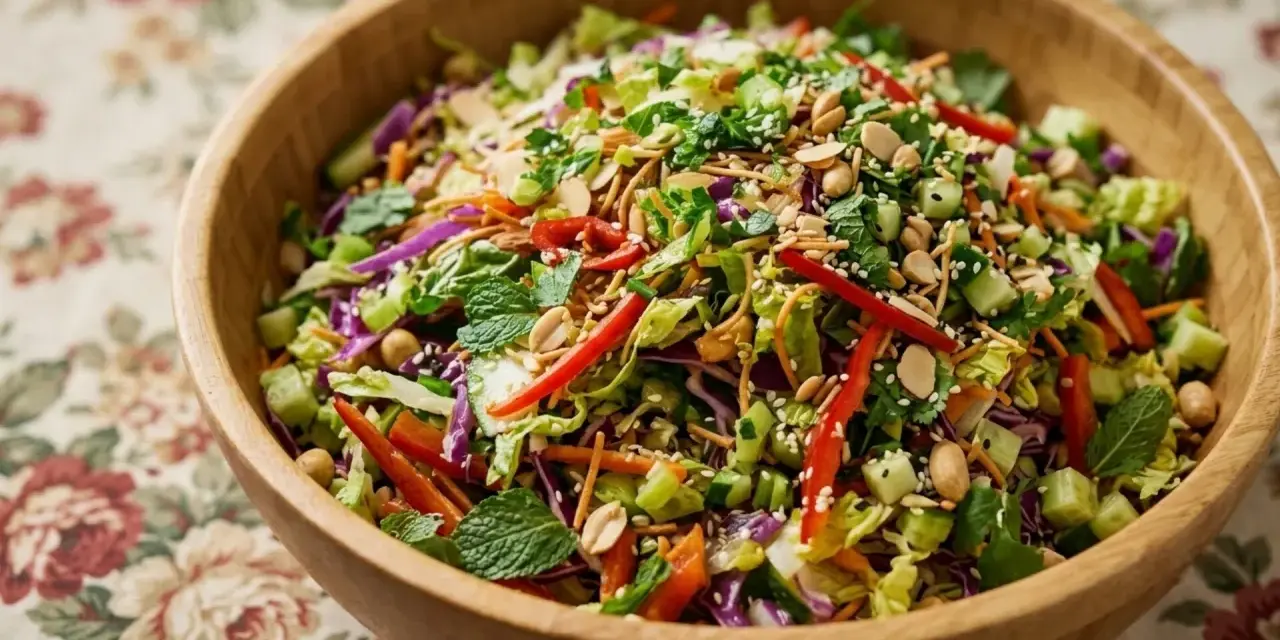 Salade asiatique colorée dans un bol en bois, garnie de cacahuètes, d'amandes effilées et de graines de sésame.