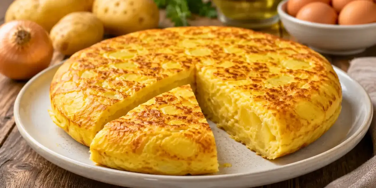 Une délicieuse tortilla espagnole, avec une part coupée, prête à être dégustée. Des pommes de terre et des oignons sont visibles en arrière-plan.