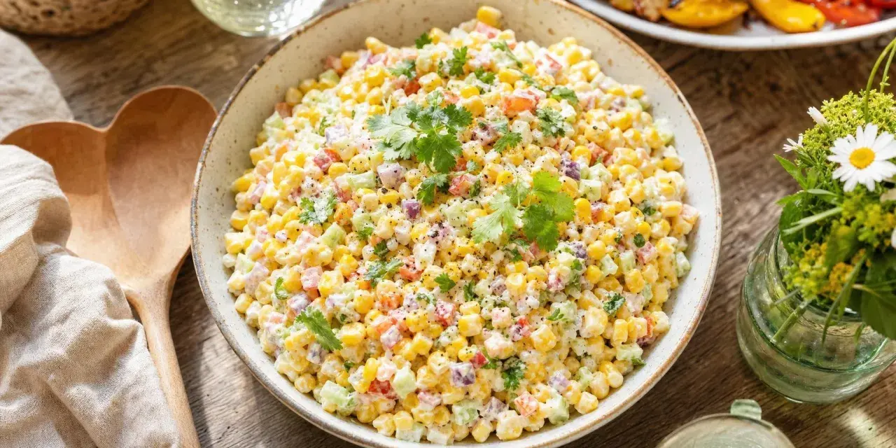Salade de maïs crémeuse avec des dés de tomates, de concombres et d'oignons rouges, garnie de coriandre fraîche. Parfait pour un pique-nique d'été.