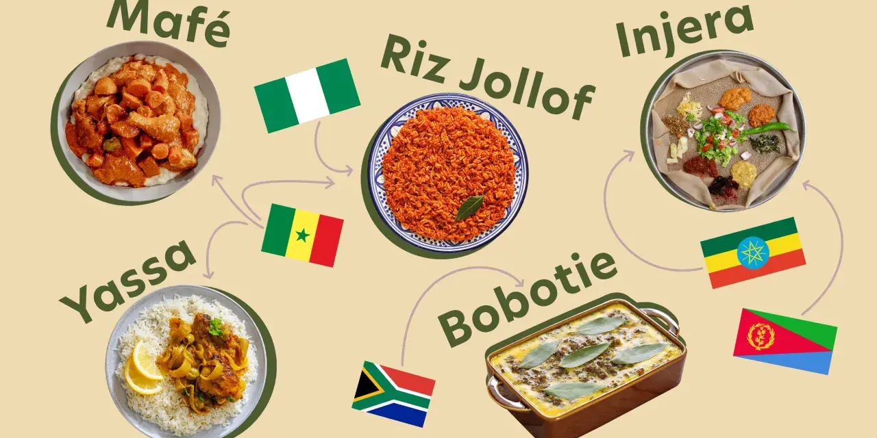 Un voyage culinaire à travers l'Afrique : Mafé, Riz Jollof, Injera, Yassa et Bobotie, des plats emblématiques.