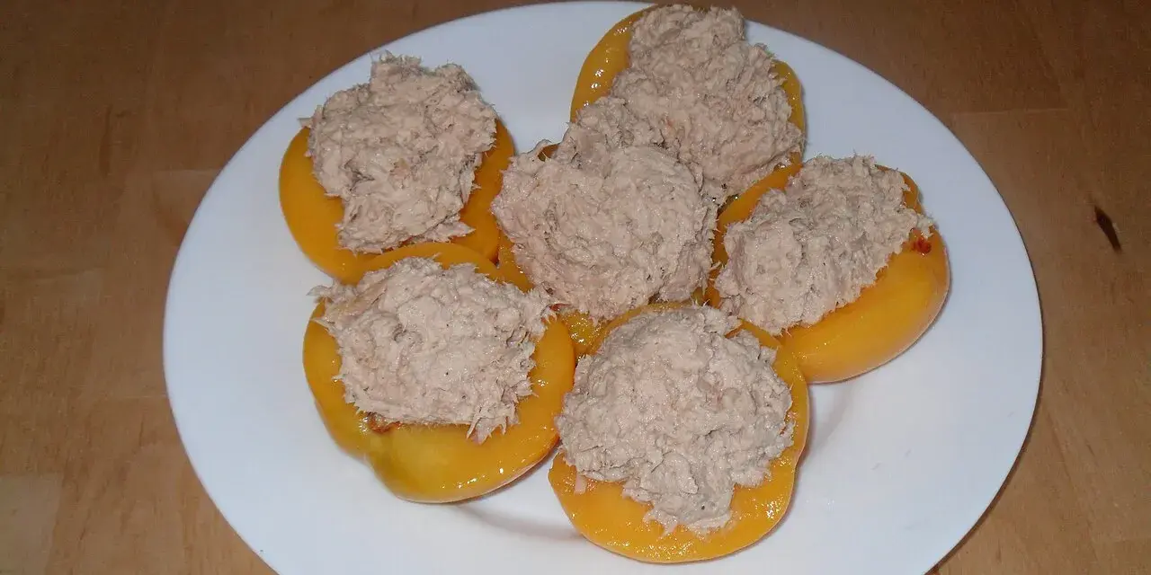 Moitié de pêches garnies d'une préparation de thon, prêtes pour un apéritif original. Une recette de pêche au thon revisitée.