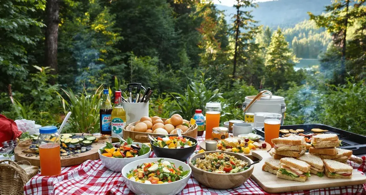 Un festin en plein air : salades, sandwichs, fruits et boissons sur une table de pique-nique. Une belle idée repas camping pour profiter de la nature.