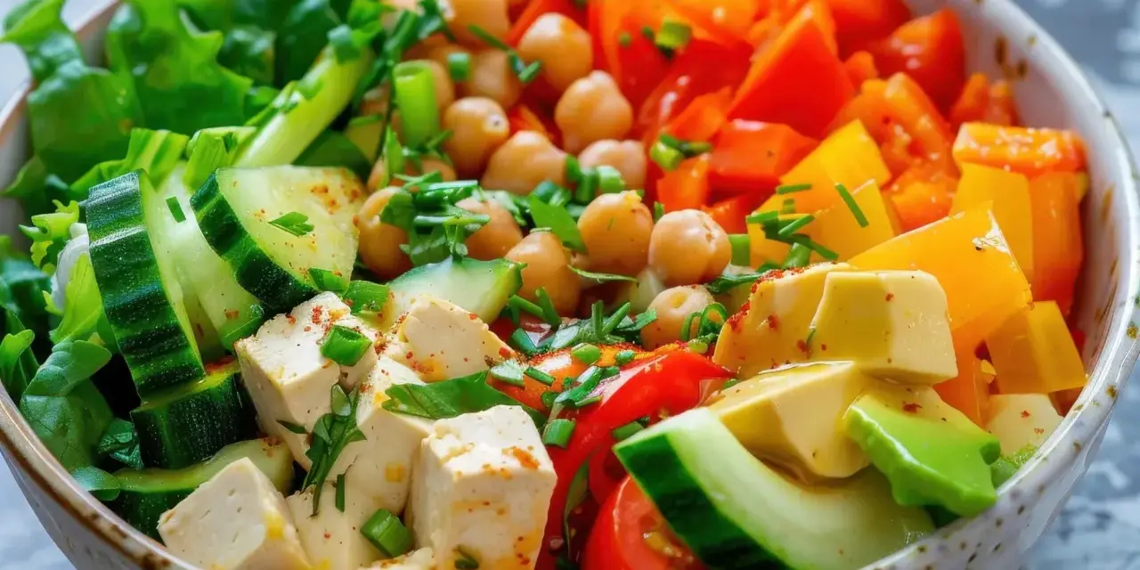 Salade colorée avec pois chiches, tofu, concombre, poivrons et avocat. Une excellente idée repas froid soir, fraîche et nutritive.