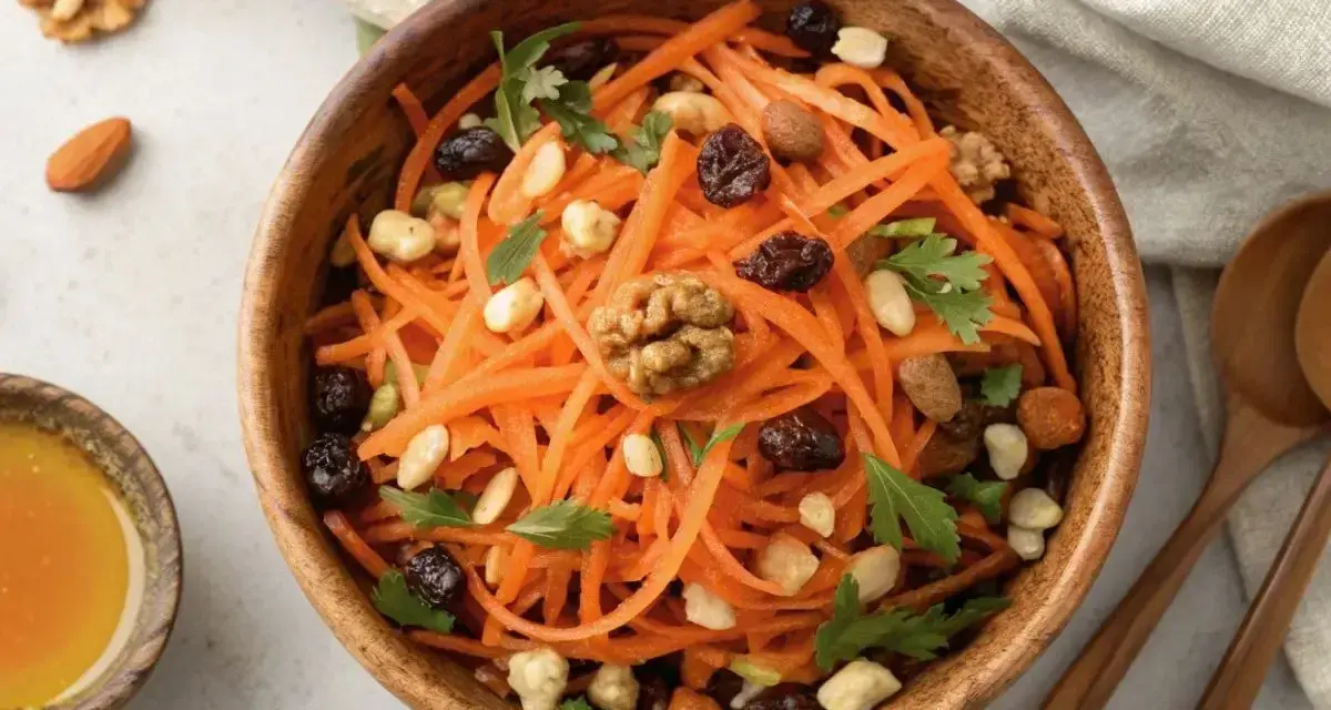 Salade de carottes râpées, garnie de noix, raisins secs et persil, dans un bol en bois. Un petit ramequin de miel est à côté.