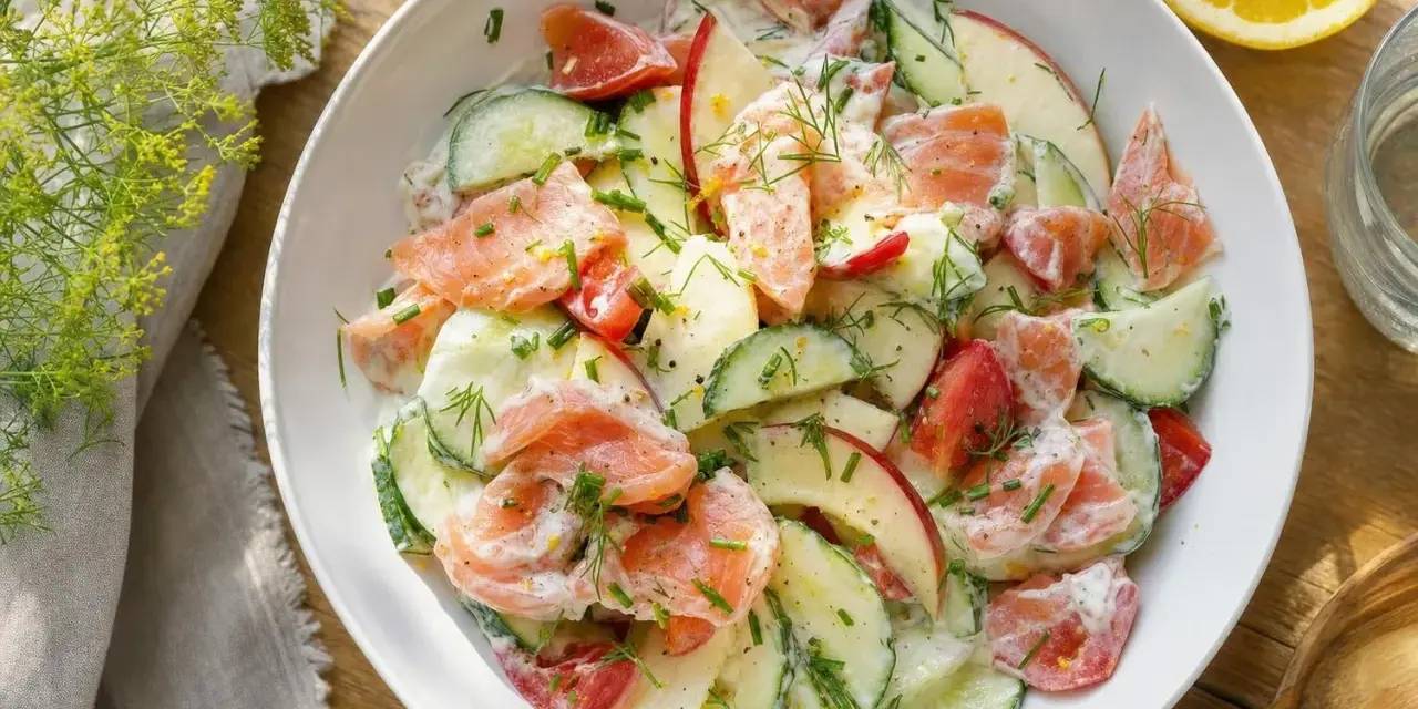 Salade de saumon, concombre, pomme et tomate, nappée d'une sauce crémeuse. Un repas léger midi marmiton parfait pour se régaler.