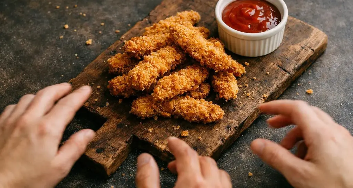 Des doigts s'approchent d'un tas de poulet pané croustillant sur une planche en bois, avec un petit ramequin de sauce tomate.