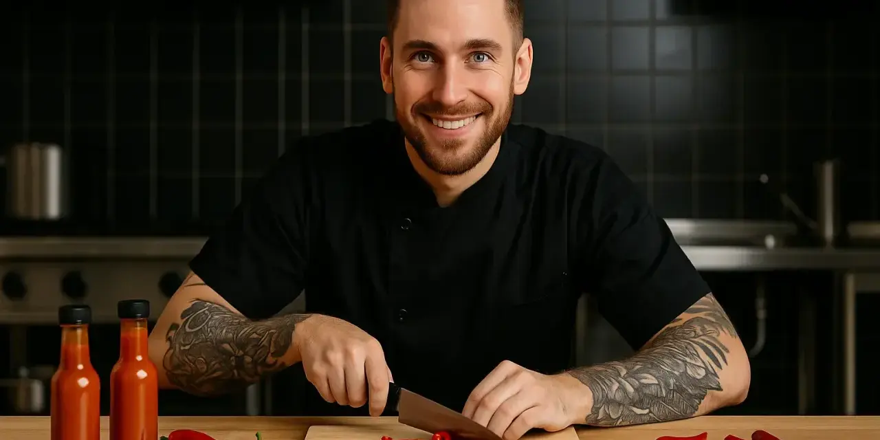 Chef souriant prépare une sauce piquante recette facile. Des piments rouges et des bouteilles de sauce sont sur la table.