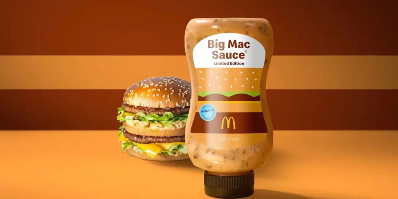 Bouteille de sauce Big Mac en édition limitée à côté d'un Big Mac. La sauce a un design inspiré du burger.