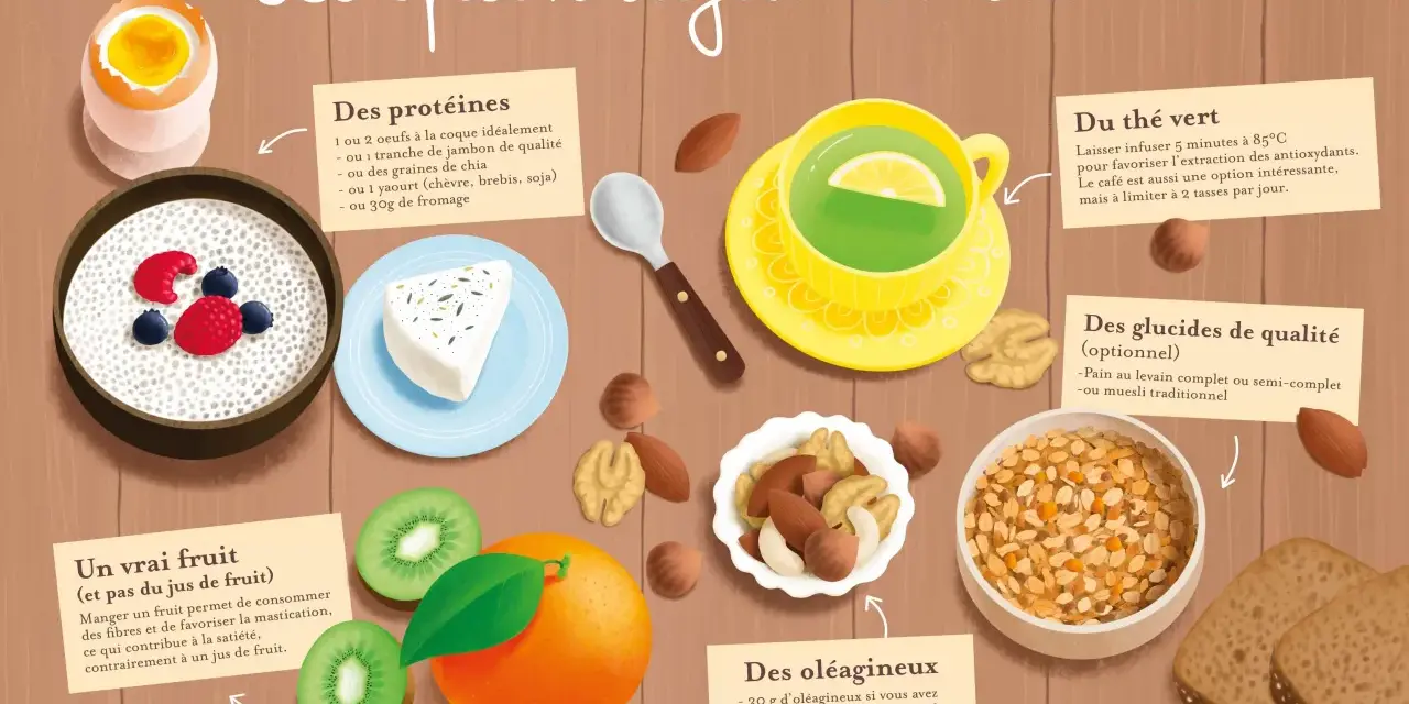 Un petit déjeuner idéal : protéines (œufs, fromage), fruits (orange, kiwi), oléagineux, glucides (pain, muesli) et thé vert.