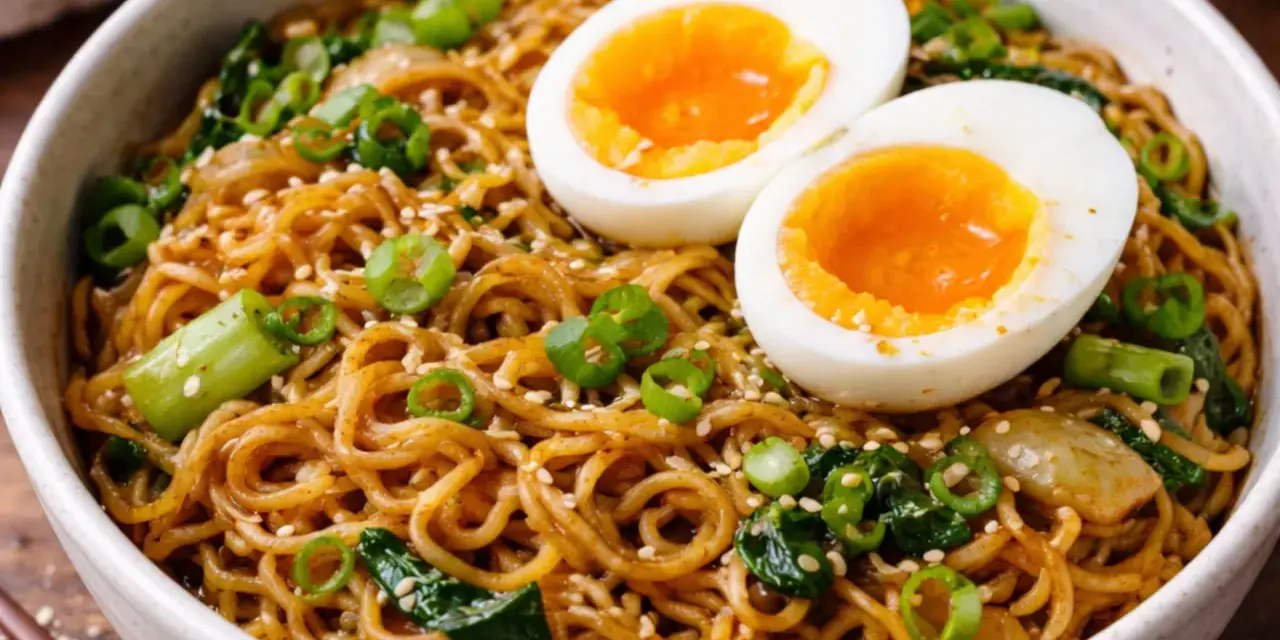 Un bol de ramen sauté garni d'œufs mollets, d'oignons verts et de graines de sésame. Un plat savoureux et réconfortant.
