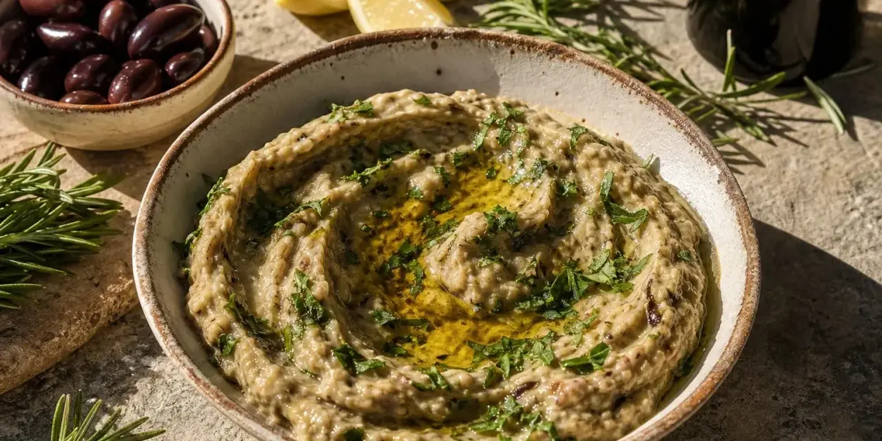 Un bol de caviar d'aubergine crémeux, garni d'herbes fraîches et d'huile d'olive, avec des olives, des quartiers de citron et du romarin en arrière-plan.