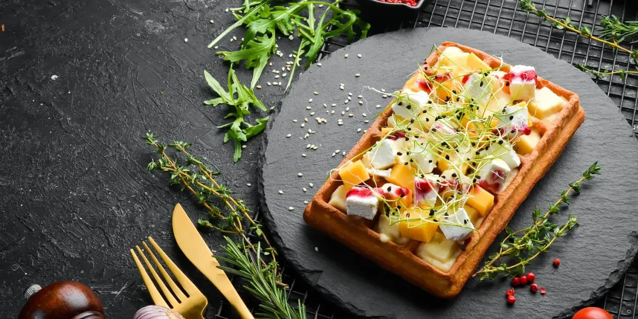 Gaufre salée garnie de fromage, de dés de mangue et de pousses vertes, sur une ardoise noire.