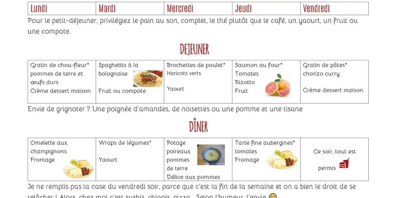 Menu de la semaine d'octobre : déjeuners variés (gratin, spaghettis, brochettes, saumon, gratin de pâtes) et dîners (omelette, wraps, potage, tarte fine).