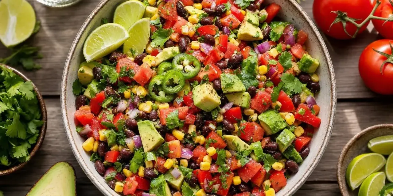 Salade mexicaine recette : un plat coloré avec haricots noirs, maïs, avocat, tomates, oignons rouges et jalapeños, garni de coriandre et de quartiers de citron vert.