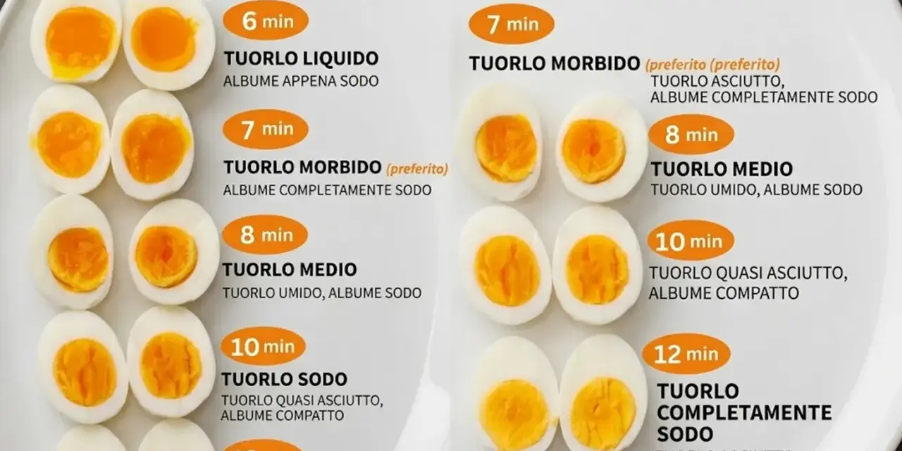 Guide pour la cuisson des œufs durs : différents temps pour des textures variées, du jaune coulant au jaune complètement cuit.