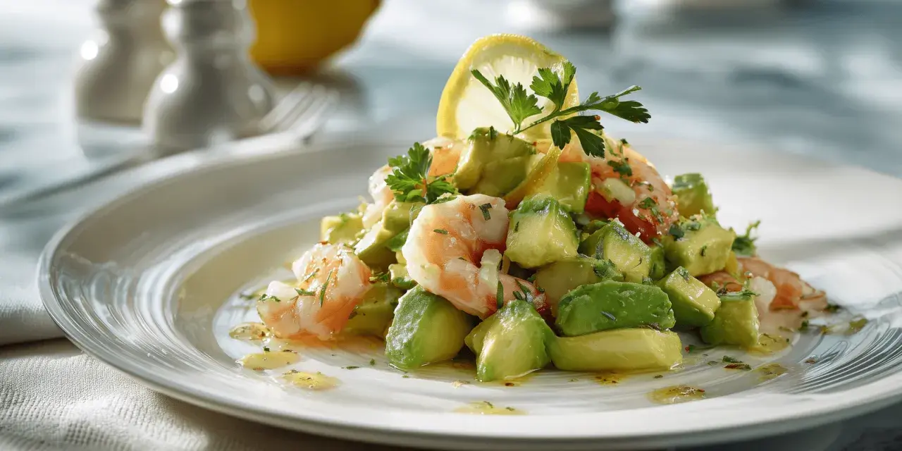 Salade avocat crevette fraîchement préparée, garnie d'une tranche de citron et de persil.