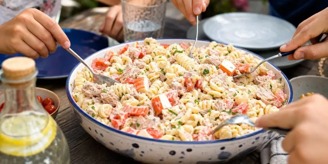 Un grand plat de salade de pâtes au surimi, tomates et thon, servi à l'extérieur. Des mains servent la salade.