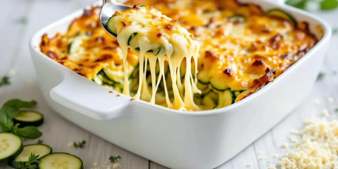 Une cuillère soulève une portion généreuse de gratin de légumes, révélant des courgettes fondantes sous un fromage doré et filant.