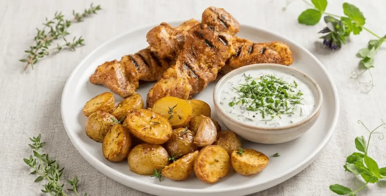 Brochettes de porc grillées, pommes de terre rôties et sauce crémeuse aux herbes. Un délice de marinade porc.