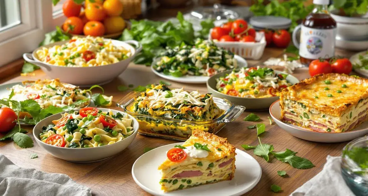 Des plats variés prêts à être dégustés, parfaits pour une idée batch cooking réussie. Lasagnes, pâtes et salades composent ce festin.