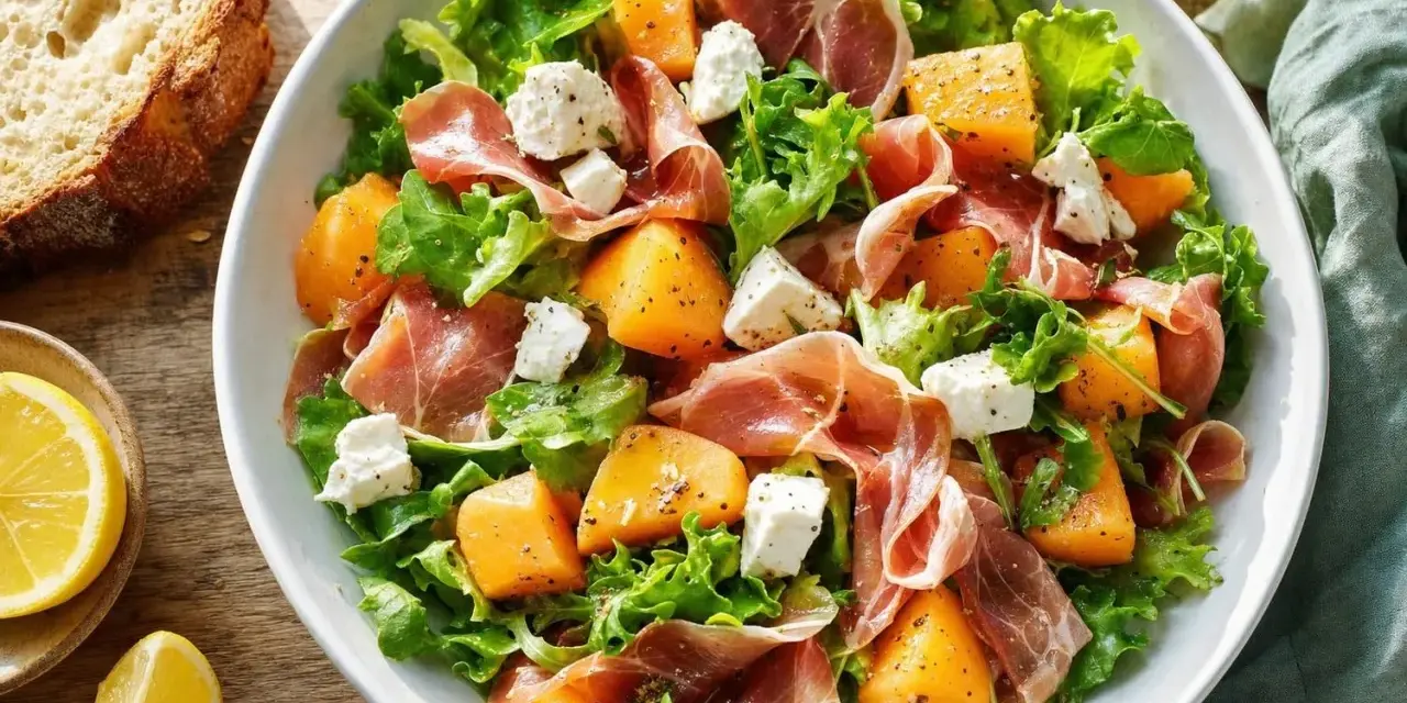 Salade melon feta avec prosciutto, roquette et laitue. Des morceaux de melon juteux, de la feta crémeuse et des tranches de prosciutto se mêlent à des feuilles vertes fraîches.
