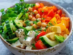Un bol coloré de salade fraîche avec pois chiches, concombre, tomates, poivrons, avocat et feta. Parfait pour savoir que manger froid.