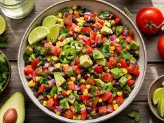 Salade mexicaine recette : un plat coloré avec haricots noirs, maïs, avocat, tomates, oignons rouges et jalapeños, garni de coriandre et de quartiers de citron vert.
