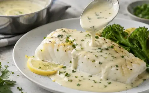Un filet de poisson blanc nappé d'une onctueuse sauce blanche au citron et aux herbes, accompagné de brocolis.