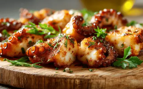 Délicieux poulpe grillé, tendre et savoureux, garni d'herbes fraîches sur une planche en bois. Un plat qui invite à la dégustation.