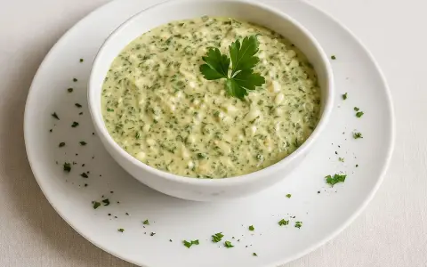 Un bol de sauce gribiche crémeuse, parsemée de persil frais et de petits morceaux d'œuf dur, garni d'une feuille de persil.