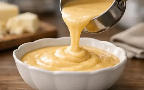 Une louche verse une sauce fromagère onctueuse dans un bol blanc. Des blocs de fromage sont flous en arrière-plan.