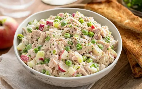 Salade de thon crémeuse avec des morceaux de pomme rouge, des petits pois et du céleri, garnie d'herbes fraîches et de poivre noir.