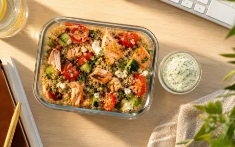 Salade de quinoa avec saumon grillé, tomates, concombre et feta, parfaite pour un repas lunch sain. Sauce crémeuse à l'aneth à côté.